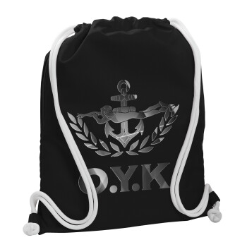 Ο.Υ.Κ., Τσάντα πλάτης πουγκί GYMBAG Μαύρη, με τσέπη (40x48cm) & χονδρά λευκά κορδόνια