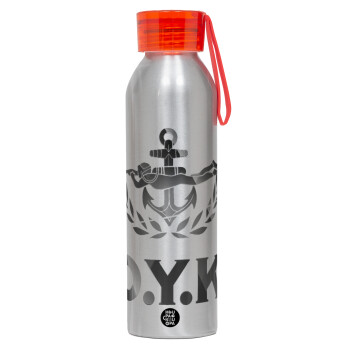 Ο.Υ.Κ., Αλουμινένιο Αθλητικό Μπουκάλι 650ml – Ασημί με Κόκκινο Καπάκι και Λουράκι Σιλικόνης
