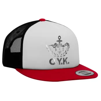 Ο.Υ.Κ., Adult Foam Flat Snapback with Mesh Red-White-Black (POLYESTER, ADULT, UNISEX, ONE SIZE)