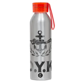 Ο.Υ.Κ., Αλουμινένιο Αθλητικό Μπουκάλι 650ml – Ασημί με Κόκκινο Καπάκι και Λουράκι Σιλικόνης