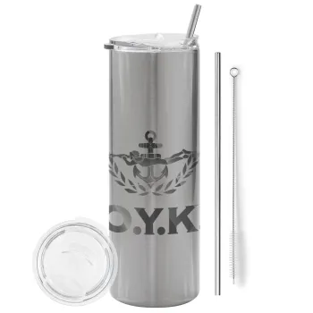 Ο.Υ.Κ., Tumbler stainless steel Silver 600ml, with metal straw & cleaning brush