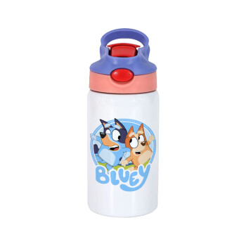 Bluey dog, Children's hot water bottle, stainless steel, with safety straw, pink/purple (350ml)