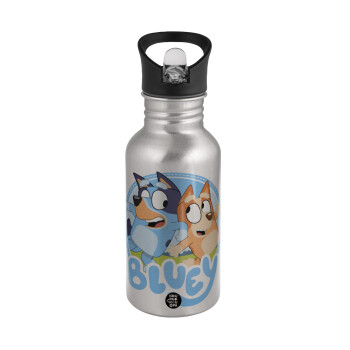Bluey dog, Παγούρι νερού Ασημένιο με καλαμάκι, ανοξείδωτο ατσάλι 500ml
