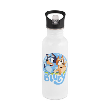 Bluey dog, White water bottle with straw, stainless steel 600ml