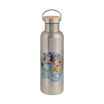 Bluey dog, Stainless steel Silver with wooden lid (bamboo), double wall, 750ml