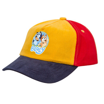 Bluey dog, Καπέλο παιδικό Baseball, 100% Βαμβακερό, Low profile, Κίτρινο/Μπλε/Κόκκινο