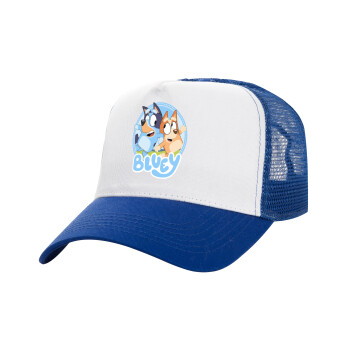Bluey dog, Καπέλο Ενηλίκων Structured Trucker, με Δίχτυ, ΛΕΥΚΟ/ΜΠΛΕ (100% ΒΑΜΒΑΚΕΡΟ, ΕΝΗΛΙΚΩΝ, UNISEX, ONE SIZE)