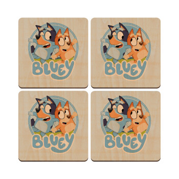 Bluey dog, ΣΕΤ x4 Σουβέρ ξύλινα τετράγωνα plywood (9cm)