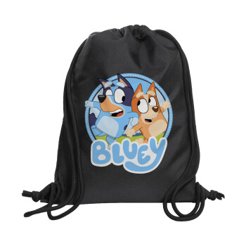 Bluey dog, Τσάντα πλάτης πουγκί GYMBAG Μαύρη, με τσέπη (40x48cm) & χονδρά κορδόνια