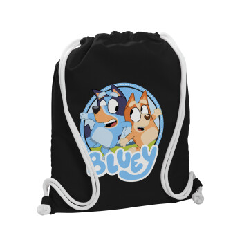Bluey dog, Τσάντα πλάτης πουγκί GYMBAG Μαύρη, με τσέπη (40x48cm) & χονδρά λευκά κορδόνια