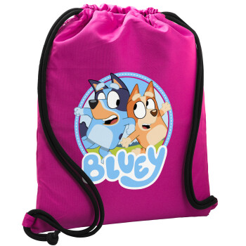 Bluey dog, Τσάντα πλάτης πουγκί GYMBAG Φούξια, με τσέπη (40x48cm) & χονδρά κορδόνια