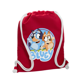 Bluey dog, Τσάντα πλάτης πουγκί GYMBAG Κόκκινη, με τσέπη (40x48cm) & χονδρά κορδόνια