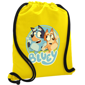 Bluey dog, Τσάντα πλάτης πουγκί GYMBAG Κίτρινη, με τσέπη (40x48cm) & χονδρά κορδόνια