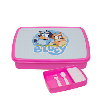 Bluey dog, ΡΟΖ παιδικό δοχείο φαγητού (lunchbox) πλαστικό με παιδικά μαχαιροπίρουρα & 2 εσωτερικά δοχεία (BPA-FREE) Lunch Βox M23 x Π18 x Υ4cm