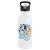 White water bottle with straw, stainless steel 600ml