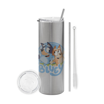 Bluey dog, Eco friendly stainless steel Silver tumbler 600ml, with metal straw & cleaning brush