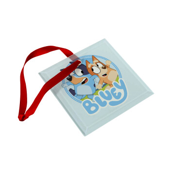 Bluey dog, Χριστουγεννιάτικο στολίδι γυάλινο τετράγωνο 9x9cm