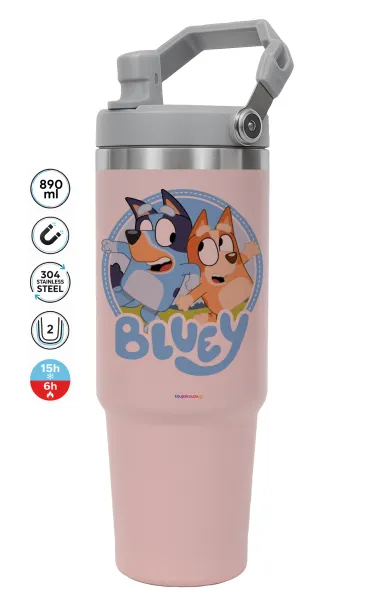 Μπλε — ΡΟΖ Travel Tumbler Θερμός με χερούλι και καλαμάκι 890ml