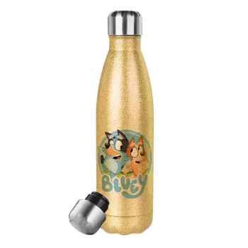 Μπλε, Glitter gold stainless steel thermos bottle, double-walled, 500ml