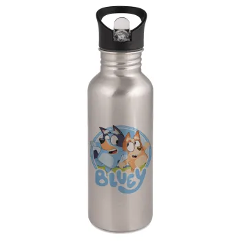Μπλε, Water bottle Silver with straw, stainless steel 600ml