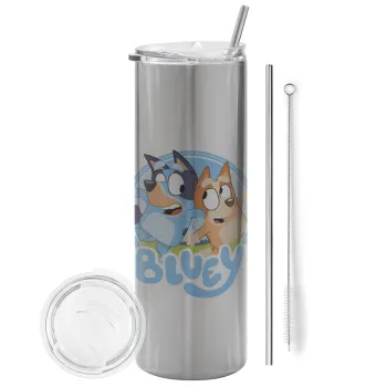 Μπλε, Tumbler stainless steel Silver 600ml, with metal straw & cleaning brush