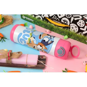 Μπλε, Easter candle, Childrens hot water bottle, stainless steel, with safety straw, PINK (500ml)