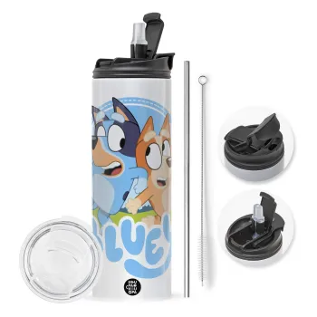 Μπλε, Travel Tumbler θερμό με διπλό καπάκι, μεταλλικό καλαμάκι και βούρτσα καθαρισμού (Ανωξείδωτο 304 Food grade, BPA free, 600ml)