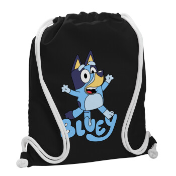 The Bluey, Τσάντα πλάτης πουγκί GYMBAG Μαύρη, με τσέπη (40x48cm) & χονδρά λευκά κορδόνια