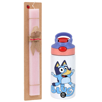 The Bluey, Πασχαλινό Σετ, Παιδικό παγούρι θερμό, ανοξείδωτο, με καλαμάκι ασφαλείας, ροζ/μωβ (350ml) & πασχαλινή λαμπάδα αρωματική πλακέ (30cm) (ΡΟΖ)