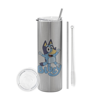 The Bluey, Eco friendly stainless steel Silver tumbler 600ml, with metal straw & cleaning brush