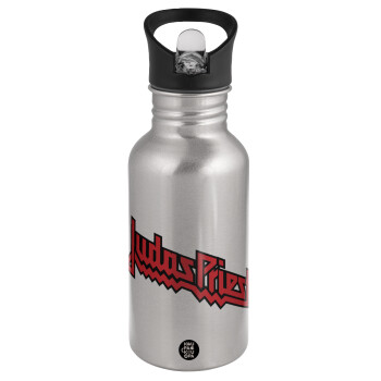 Judas Priest, Water bottle Silver with straw, stainless steel 500ml