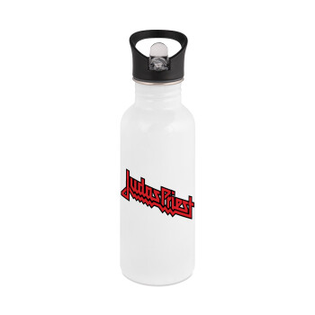 Judas Priest, White water bottle with straw, stainless steel 600ml