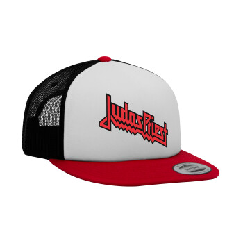 Judas Priest, Adult Foam Flat Snapback with Mesh Red-White-Black (POLYESTER, ADULT, UNISEX, ONE SIZE)