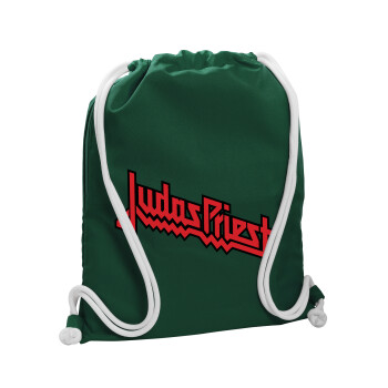 Judas Priest, Backpack pouch GYMBAG BOTTLE GREEN, with pocket (40x48cm) & thick white cords