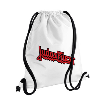 Judas Priest, Τσάντα πλάτης πουγκί GYMBAG λευκή, με τσέπη (40x48cm) & χονδρά κορδόνια