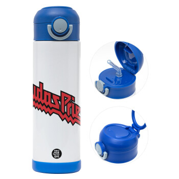 Judas Priest, Children's hot water bottle, stainless steel, with safety straw, BLUE (500ml)