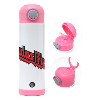 Judas Priest, Children's hot water bottle, stainless steel, with safety straw, PINK (500ml)