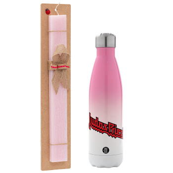 Judas Priest, Easter Set, Metallic pink/white (Stainless steel) thermos, double-walled, 500ml & aromatic flat Easter candle (30cm) (PINK)