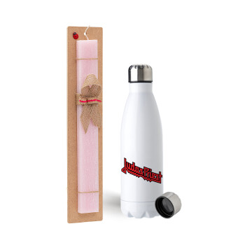 Judas Priest, Easter Set, metallic stainless steel water bottle (750ml) & scented flat Easter candle (30cm) (PINK)