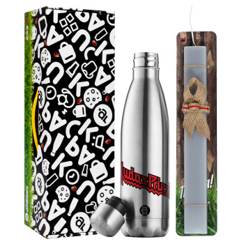 Judas Priest, Easter Set, metallic stainless thermos flask (500ml) & scented flat Easter candle (30cm) (GRAY)