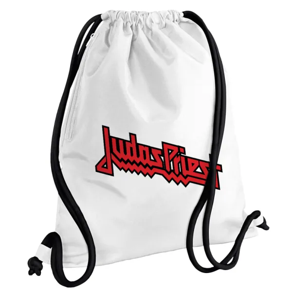 Judas Priest — Τσάντα πλάτης πουγκί GYMBAG λευκή, με τσέπη (40x48cm) & χονδρά κορδόνια