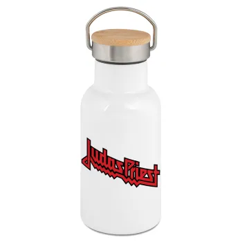 Judas Priest, Metallic thermos (Stainless steel) White with wooden lid (bamboo), double-walled, 350ml
