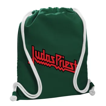 Judas Priest, Τσάντα πλάτης πουγκί GYMBAG BOTTLE GREEN, με τσέπη (40x48cm) & χονδρά λευκά κορδόνια