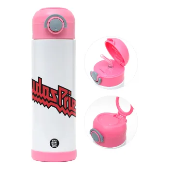 Judas Priest, Children's hot water bottle, stainless steel, with safety straw, PINK (500ml)