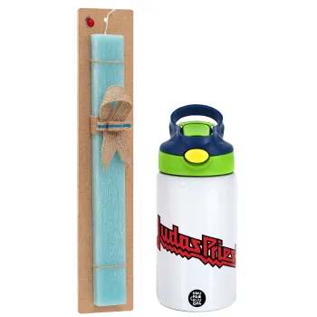 Judas Priest, Easter Set, Children's thermal stainless steel bottle with safety straw, green/blue (350ml) & aromatic flat Easter candle (30cm) (TURQUOISE)