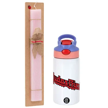 Judas Priest, Easter Set, Children's thermal stainless steel water bottle with safety straw, pink/purple (350ml) & Easter scented flat candle (30cm) (PINK)