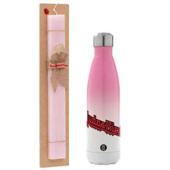 Judas Priest, Πασχαλινή Λαμπάδα με Μεταλλικό παγούρι θερμός Ροζ/Λευκό (Stainless steel), διπλού τοιχώματος, 500ml & κερί αρωματικό πλακέ (30cm) (ΡΟΖ)