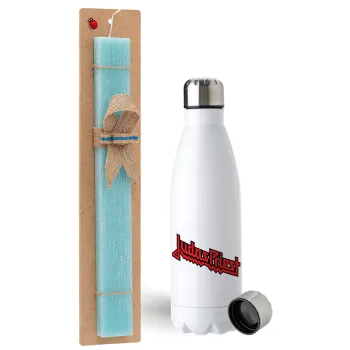 Judas Priest, Easter Set, metallic stainless steel water bottle (750ml) & aromatic flat Easter candle (30cm) (TURQUOISE)