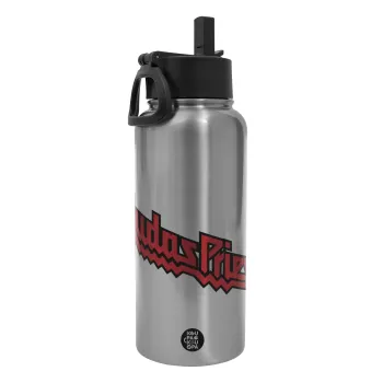 Judas Priest, Metal mug thermo Silver with Straw and Spout Lid (Stainless steel), double wall, 950ml