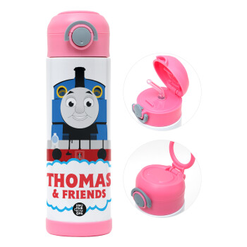 Τόμας το τρενάκι, Παιδικό παγούρι θερμό, ανοξείδωτο, με καλαμάκι ασφαλείας, ΡΟΖ (500ml)